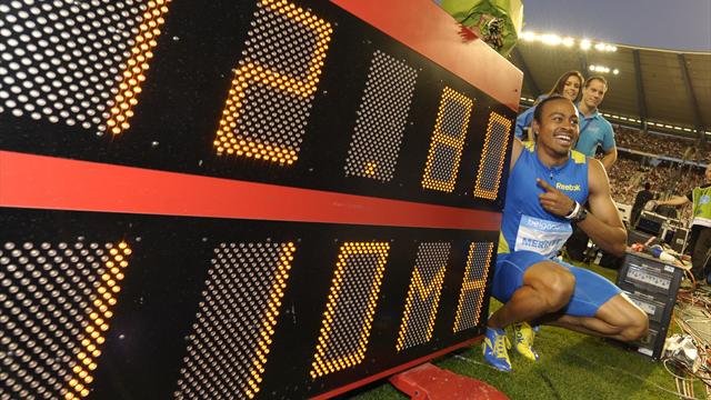 Merritt breaks 110m hurdles WR, Bolt and Blake win