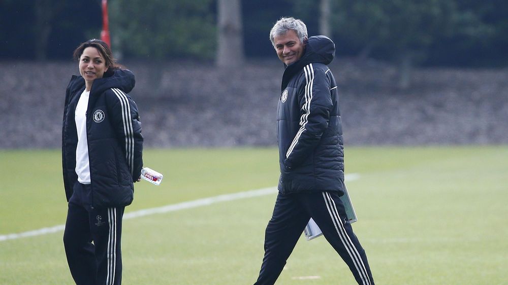 Chelsea's manager Jose Mourinho (R) and team doctor Eva Carneiro attend a training session at Cobham in Surrey, south England April 29, 2014. Chelsea will play Atletico Madrid in their Champion's League semi-final second leg match in London (Reuters)