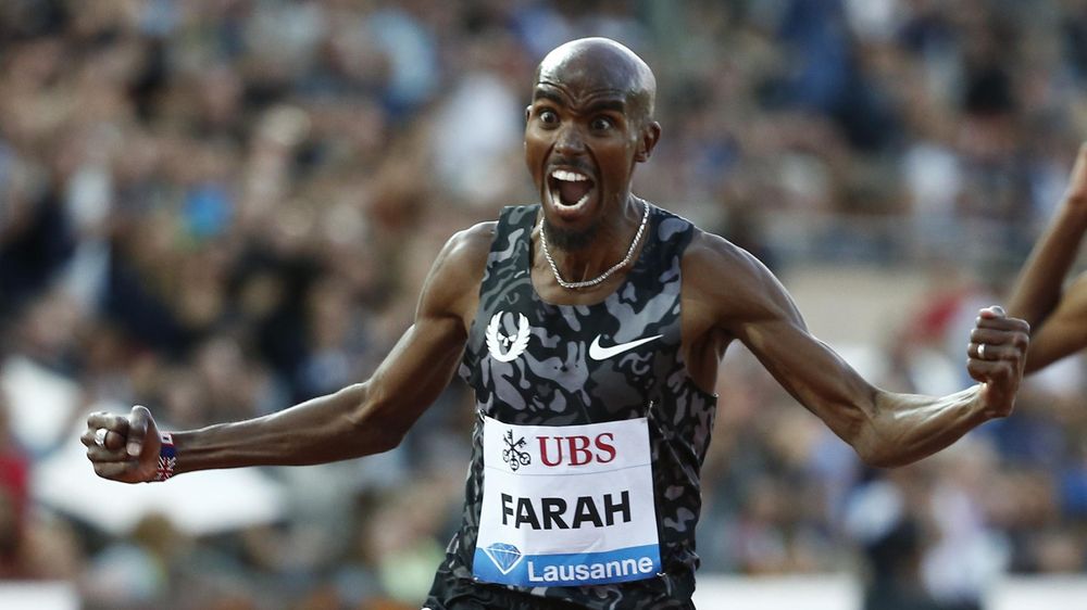 Mo Farah of Britain finishes the 5000 metres men event at the IAAF Diamond League Athletissima athletics meeting at the Pontaise Stadium in Lausanne, Switzerland, July 9, 2015