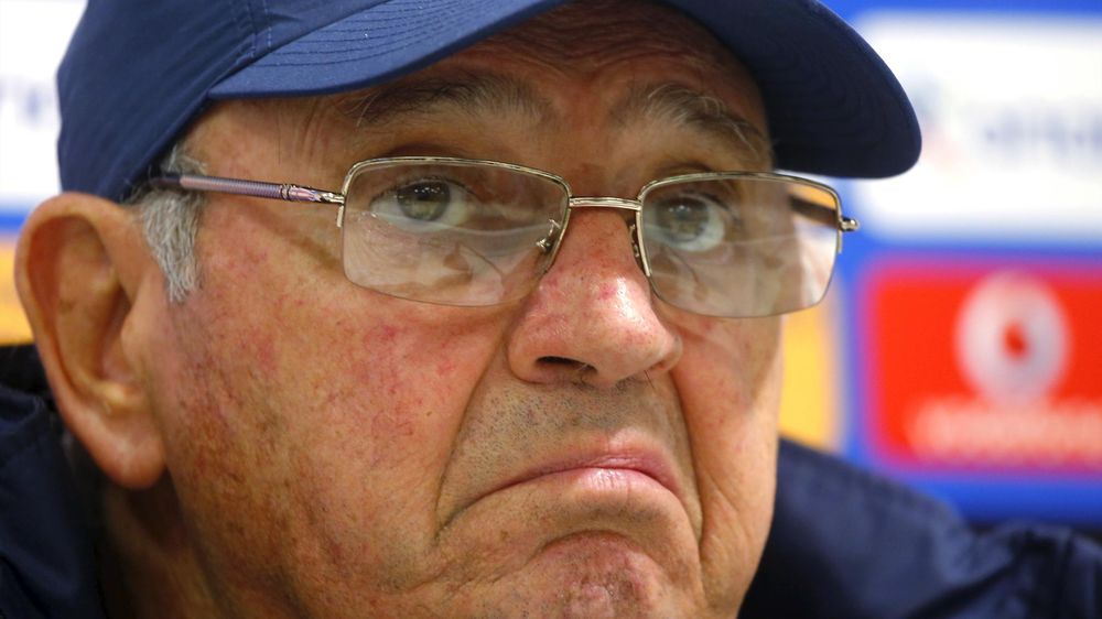 Greece head coach Sergio Markarian attends a news conference in Budapest