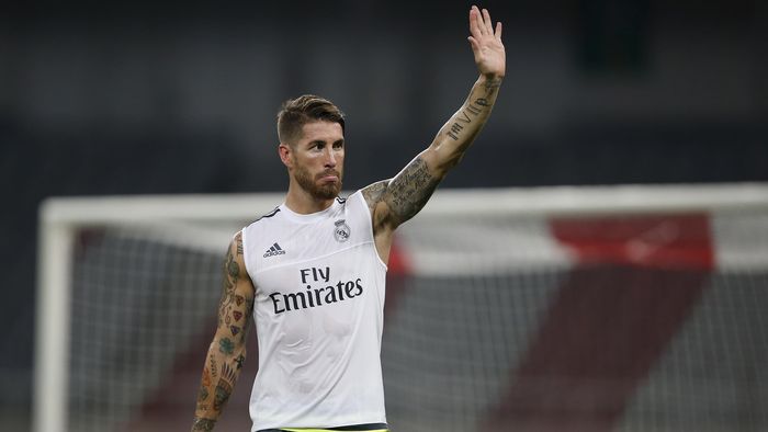 Sergio Ramos of Real Madrid attends a training session ahead of a friendly soccer match against AC Milan in Shanghai,July 29, 2015
