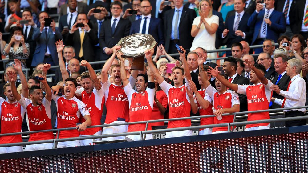 Arsenal players celebrate their Community Shield victory over Chelsea