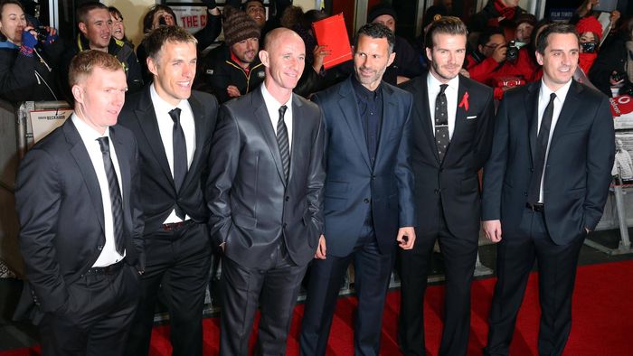 Paul Scholes with (from left) Phil Neville, Nicky Butt, Ryan Giggs, David Beckham and Gary Neville at the Class of 92 premiere