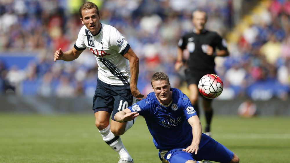 Leicester's Robert Huth in action with Tottenham Hotspur's Harry Kane