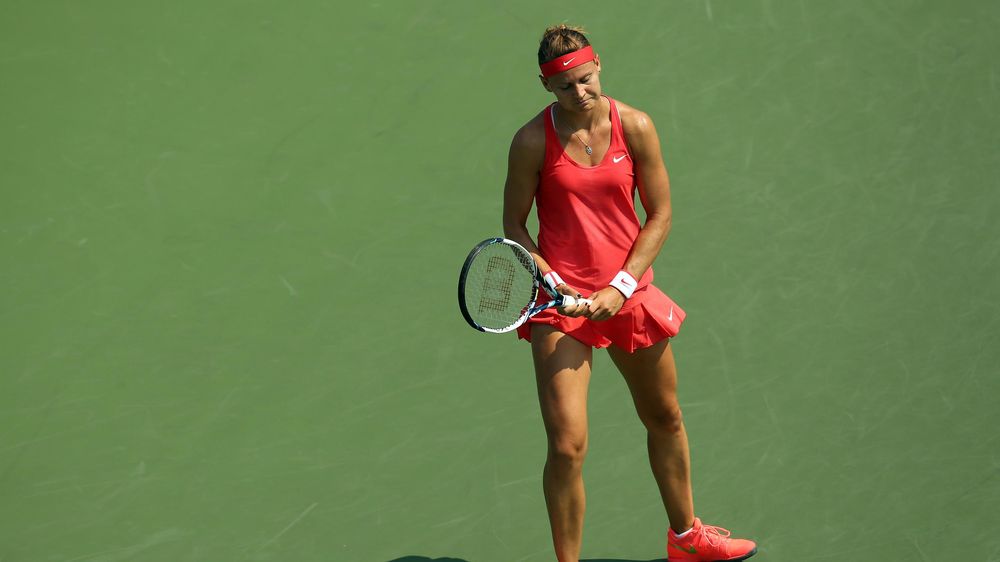 Czech Republic reacts against Lesia Tsurenko of Ukraine on Day Two of the 2015 US Open at the USTA Billie Jean King National Tennis Center on September 1, 2015 in the Flushing neighborhood of the Queens borough of New York City