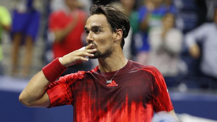 Fabio Fognini of Italy reacts after his match against Rafael Nadal of Spain (not pictured) on day five of the 2015 U.S. Open tennis tournament at USTA Billie Jean King National Tennis Center