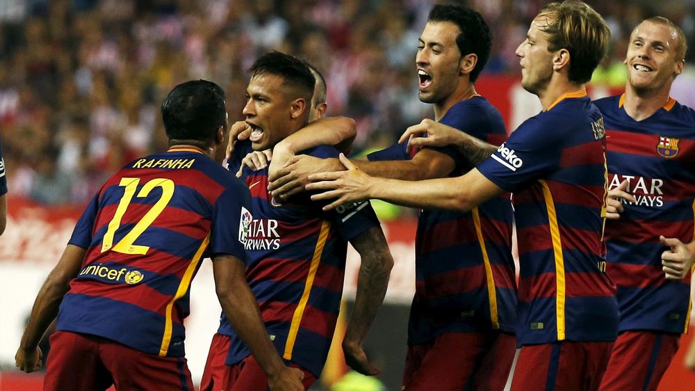 Neymar celebrates his equaliser for Barcelona against Atletico Madrid