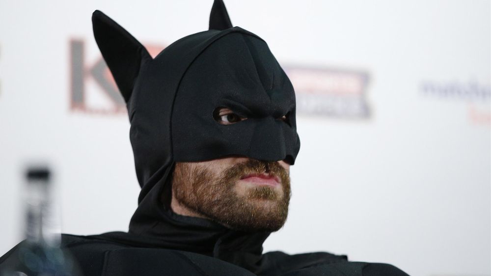 Tyson Fury in fancy dress as Batman during the press conference ahead of his fight with Wladimir Klitschko