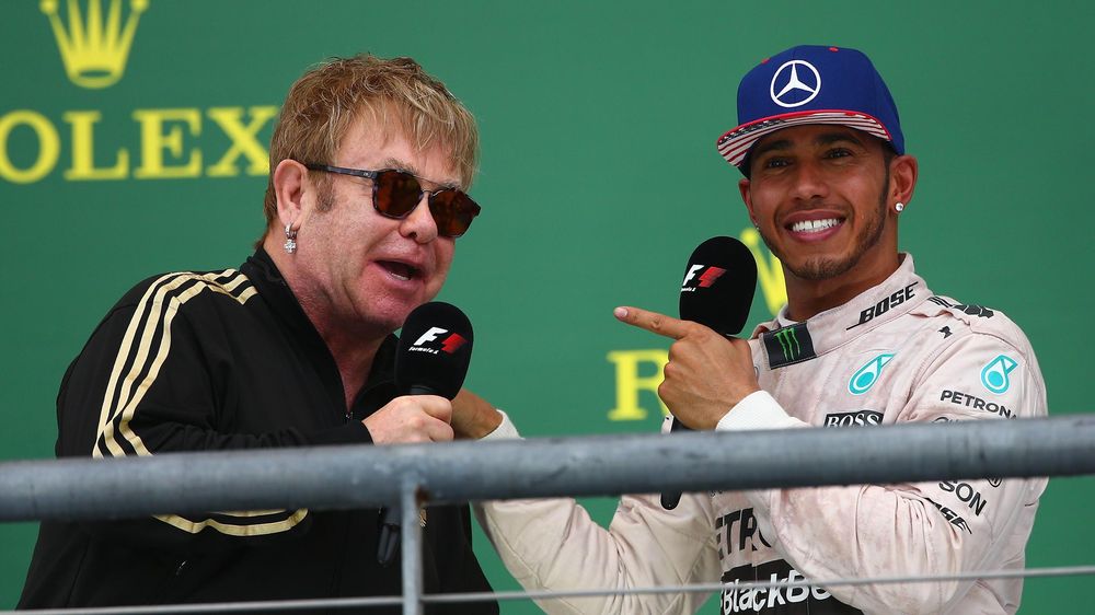 Elton John interviews Lewis Hamilton after the US GP