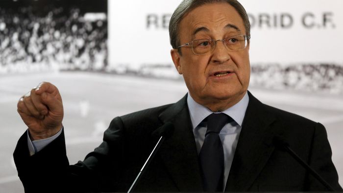 Real Madrid's President Florentino Perez gestures during a news conference at Santiago Bernabeu stadium in Madrid