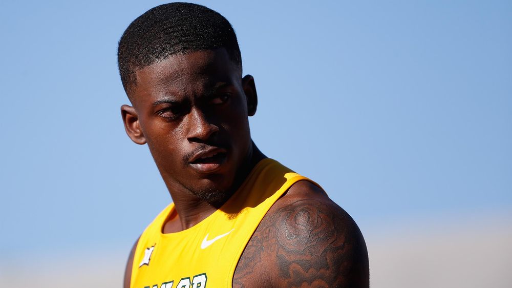 Trayvon Bromell reacts after finishing first in heat four of the Men's 100 meter dash during day one of the 2015 USA Outdoor Track & Field Championships at Hayward Field on June 25, 2015