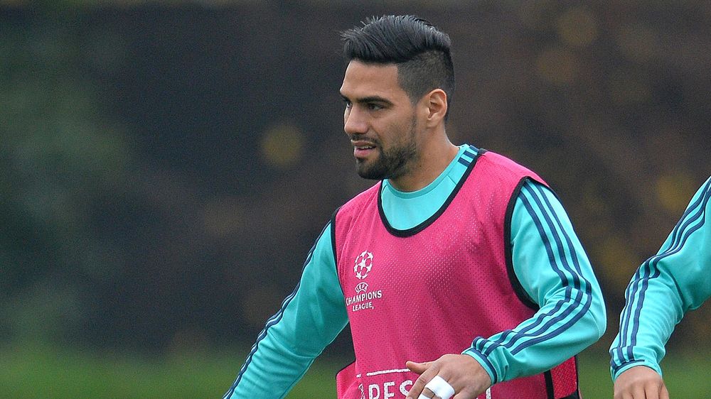 Chelsea's Colombian striker Radamel Falcao takes part in a team training session at Chelsea's training ground in Cobham in south west London