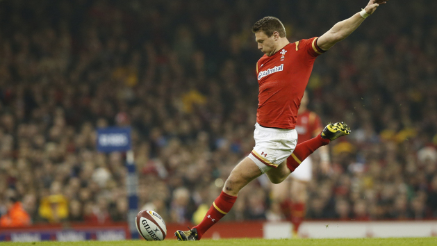 Wales's Dan Biggar kicks a penalty against Italy