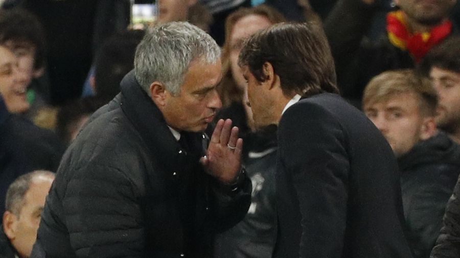 Manchester United manager Jose Mourinho and Chelsea manager Antonio Conte at the end of the match