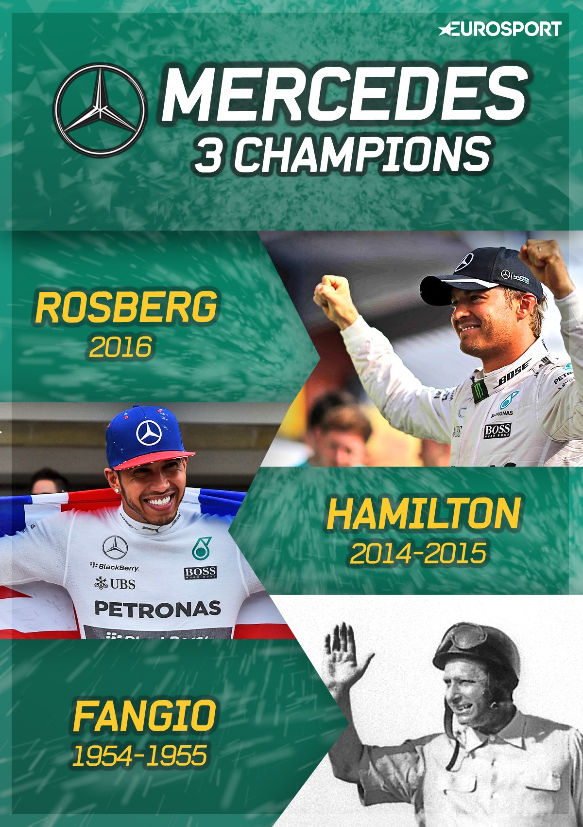 Fangio, Hamilton, Nico Rosberg, champions de Mercedes