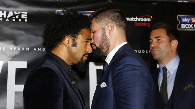 David Haye throws punch at Tony Bellew at heated meeting to promote March fight