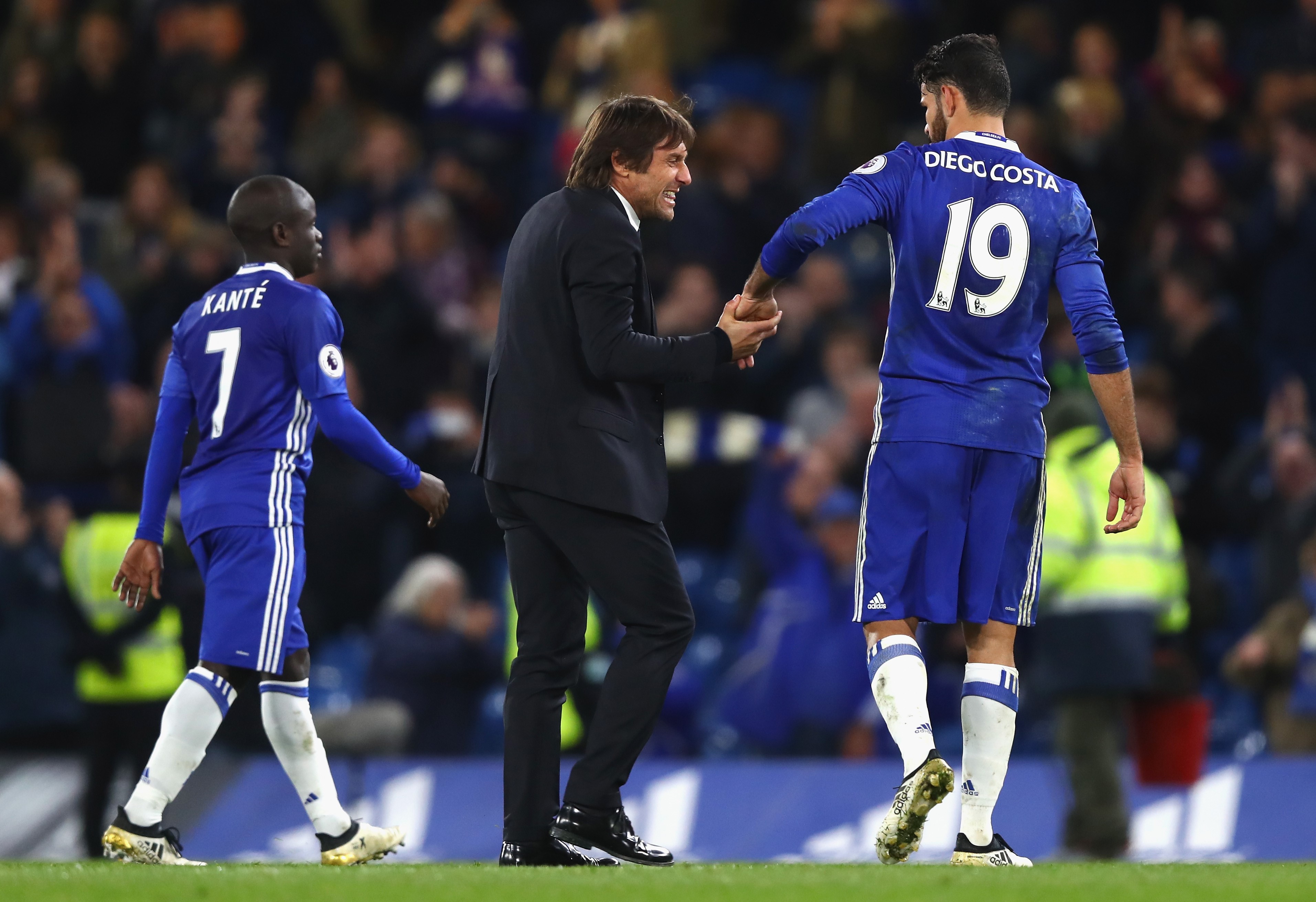 N'Golo Kanté, Antonio Conte et Diego Costa