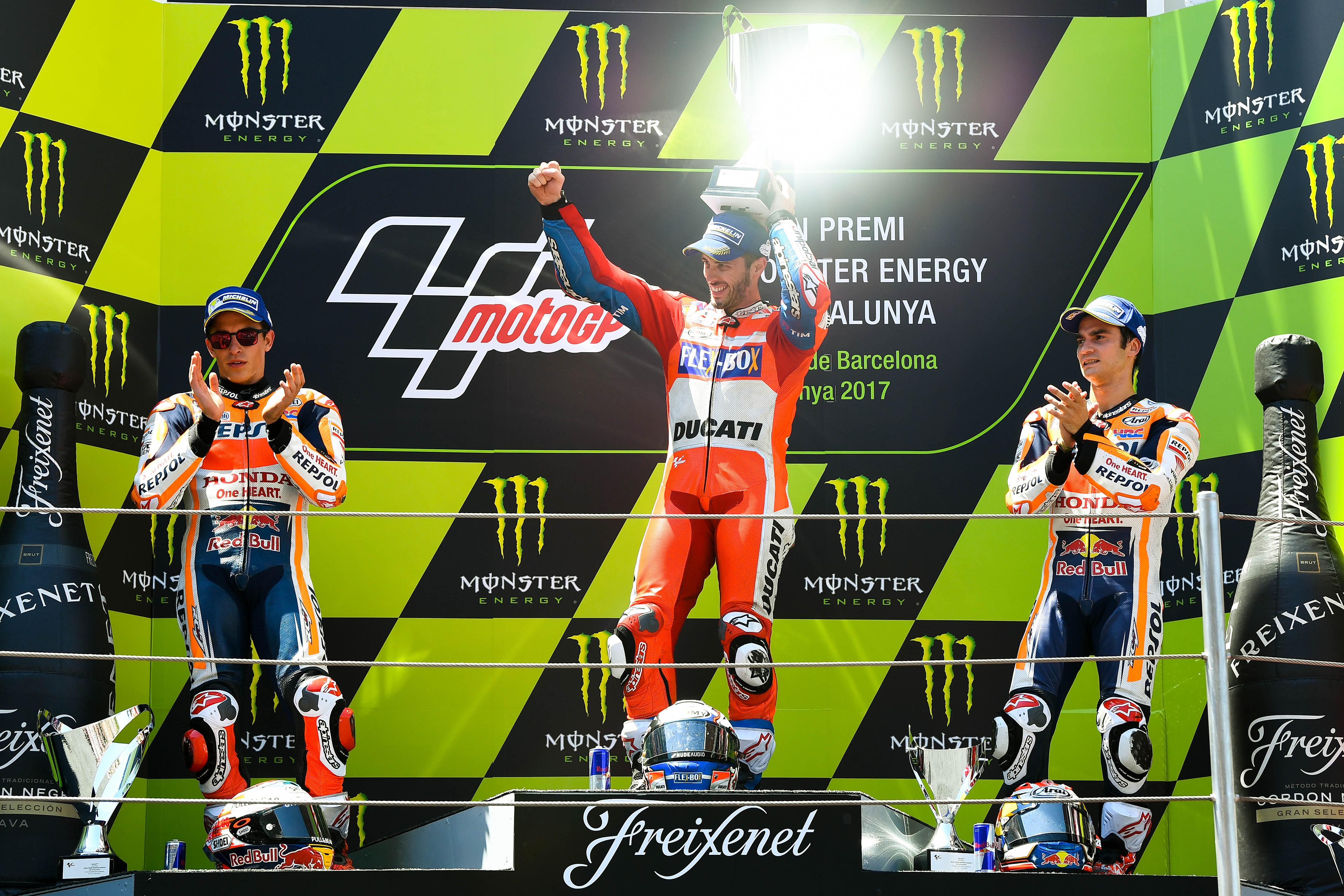 Marc Marquez (Honda HRC), Andrea Dovizioso (Ducati Team) et Dani Pedrosa (Honda HRC) au Grand Prix du Catalogne 2017