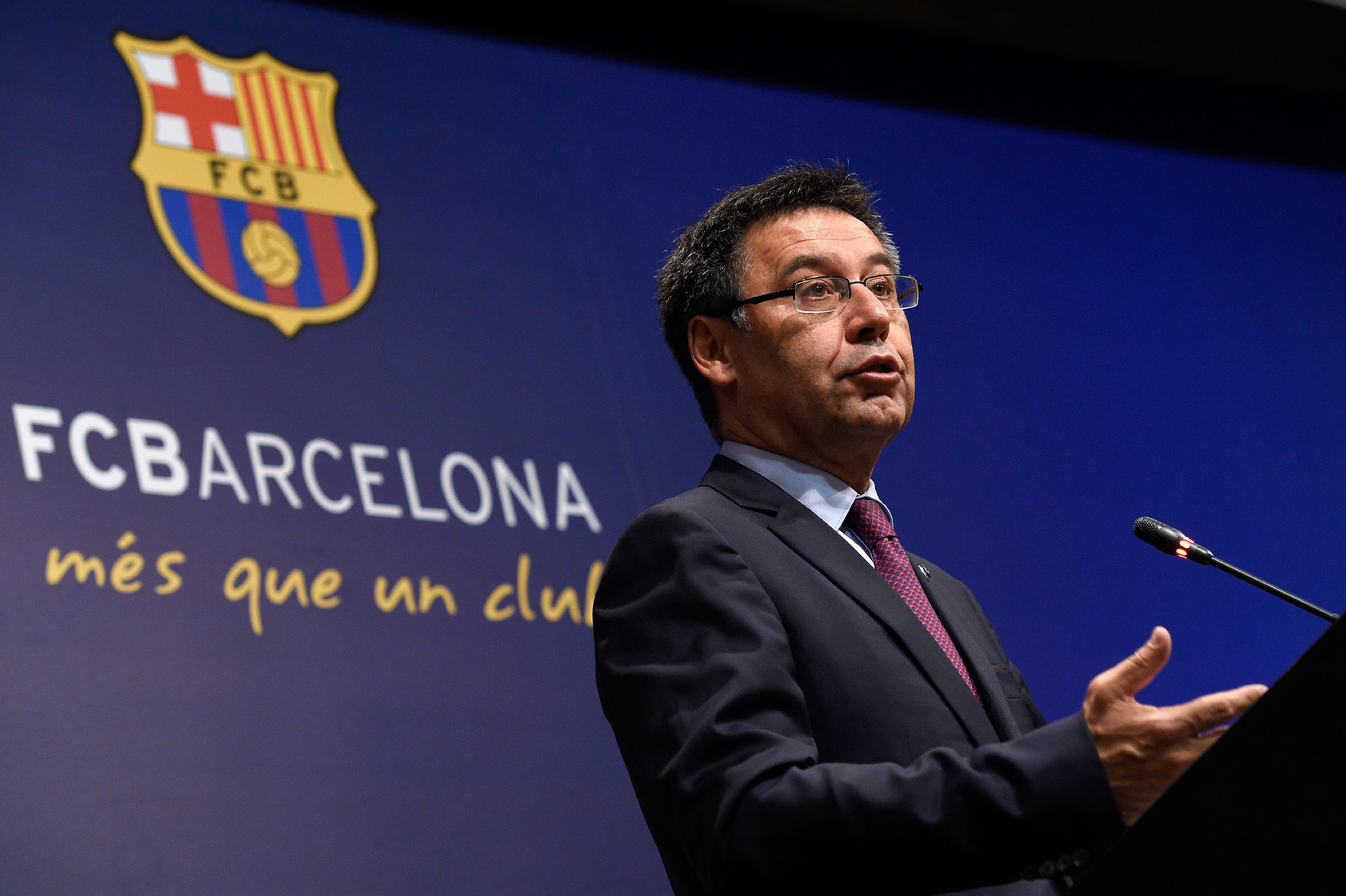 Barcelona's football club president Josep Maria Bartomeu speaks during a press conference