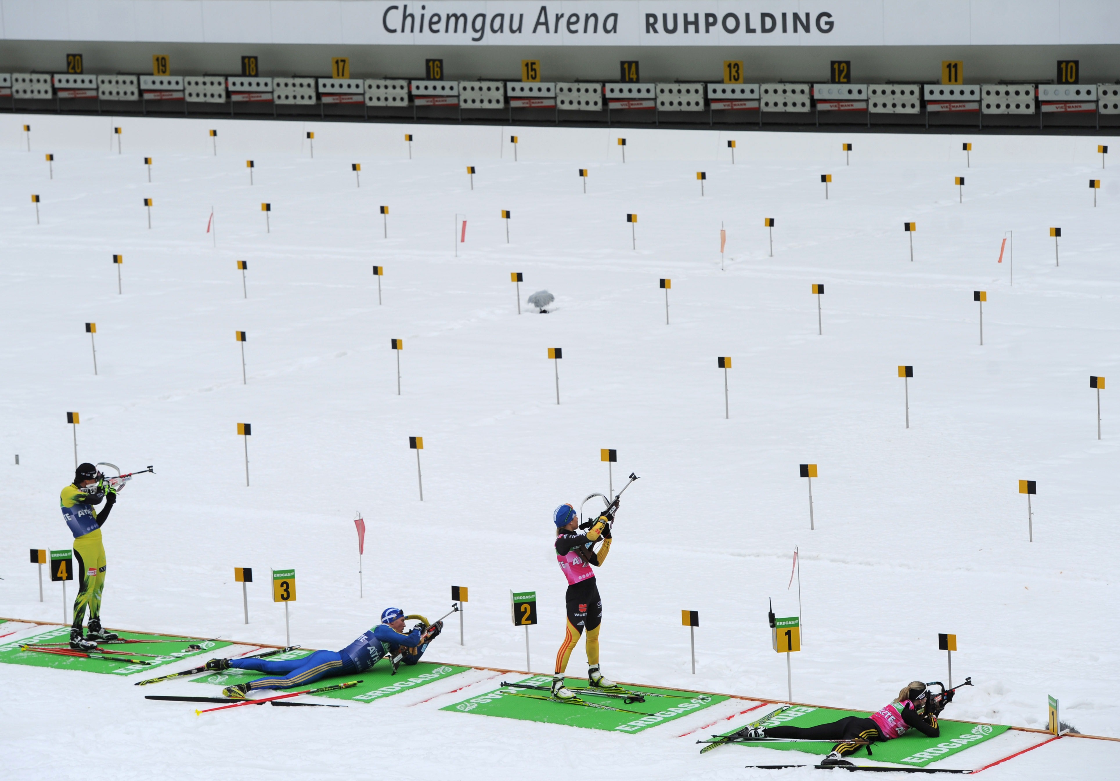Biathletes shoot during the official training session before the start of the Biathlon World Championships on February 29, 2012 in Ruhpolding