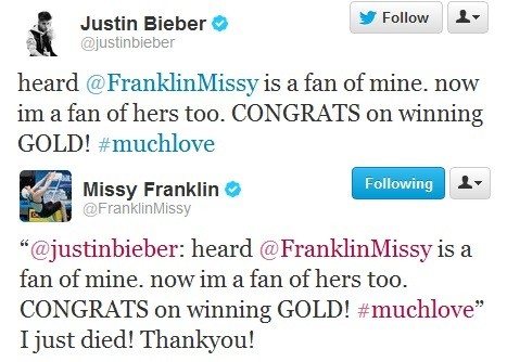 Tweet Justin Bieber Missy Franklin