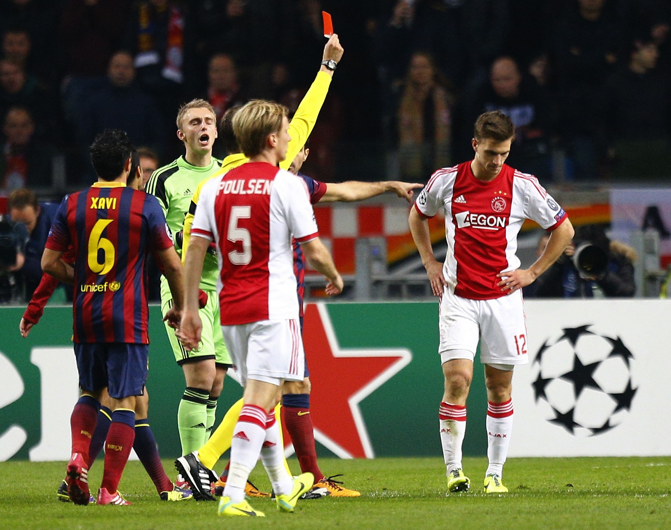 Joel Veltman is sent off for Ajax against Barcelona (Reuters)