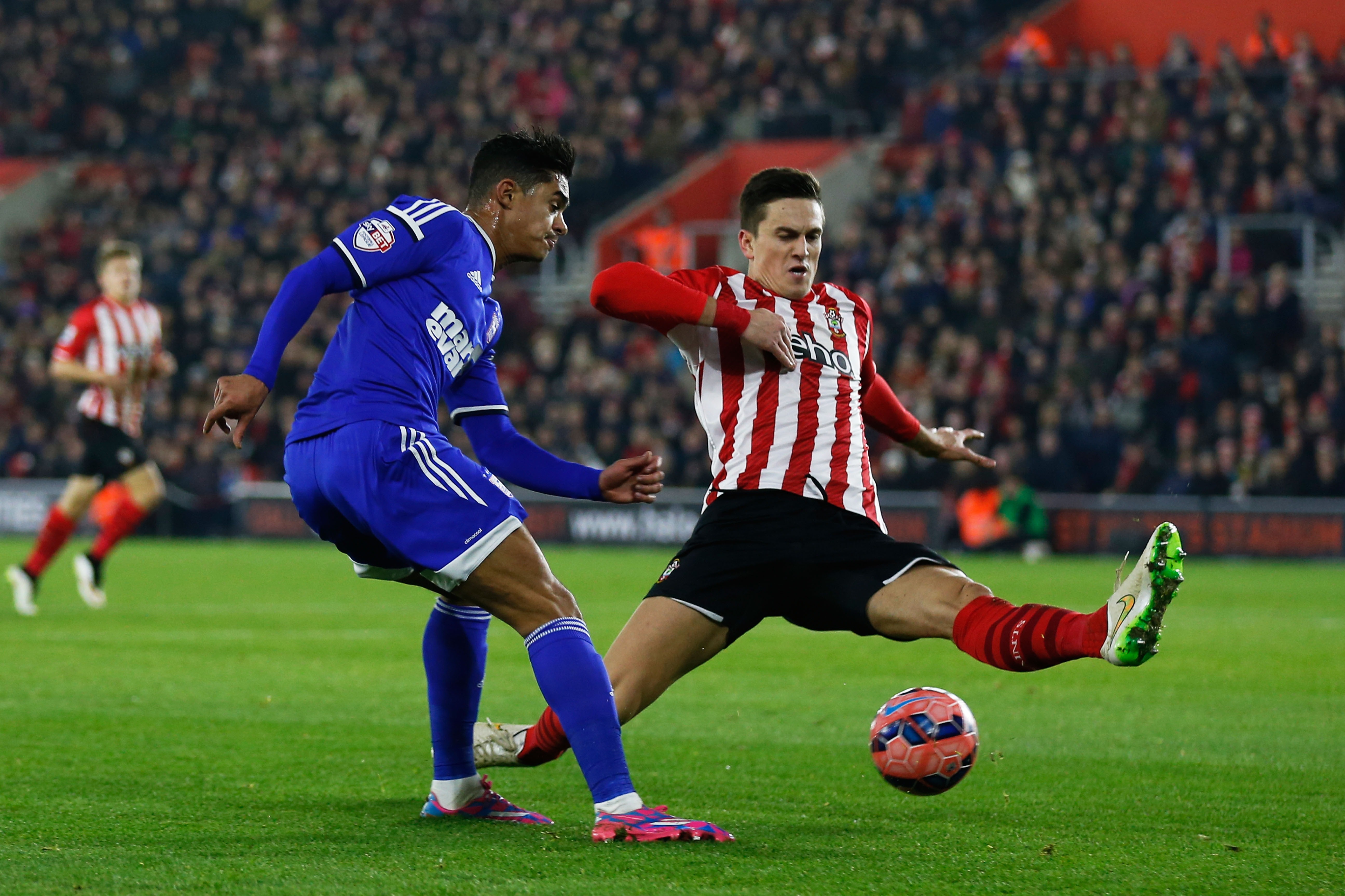 Cameron Stewart of Ipswich shoots on goal past Florin Gardos of Southampton