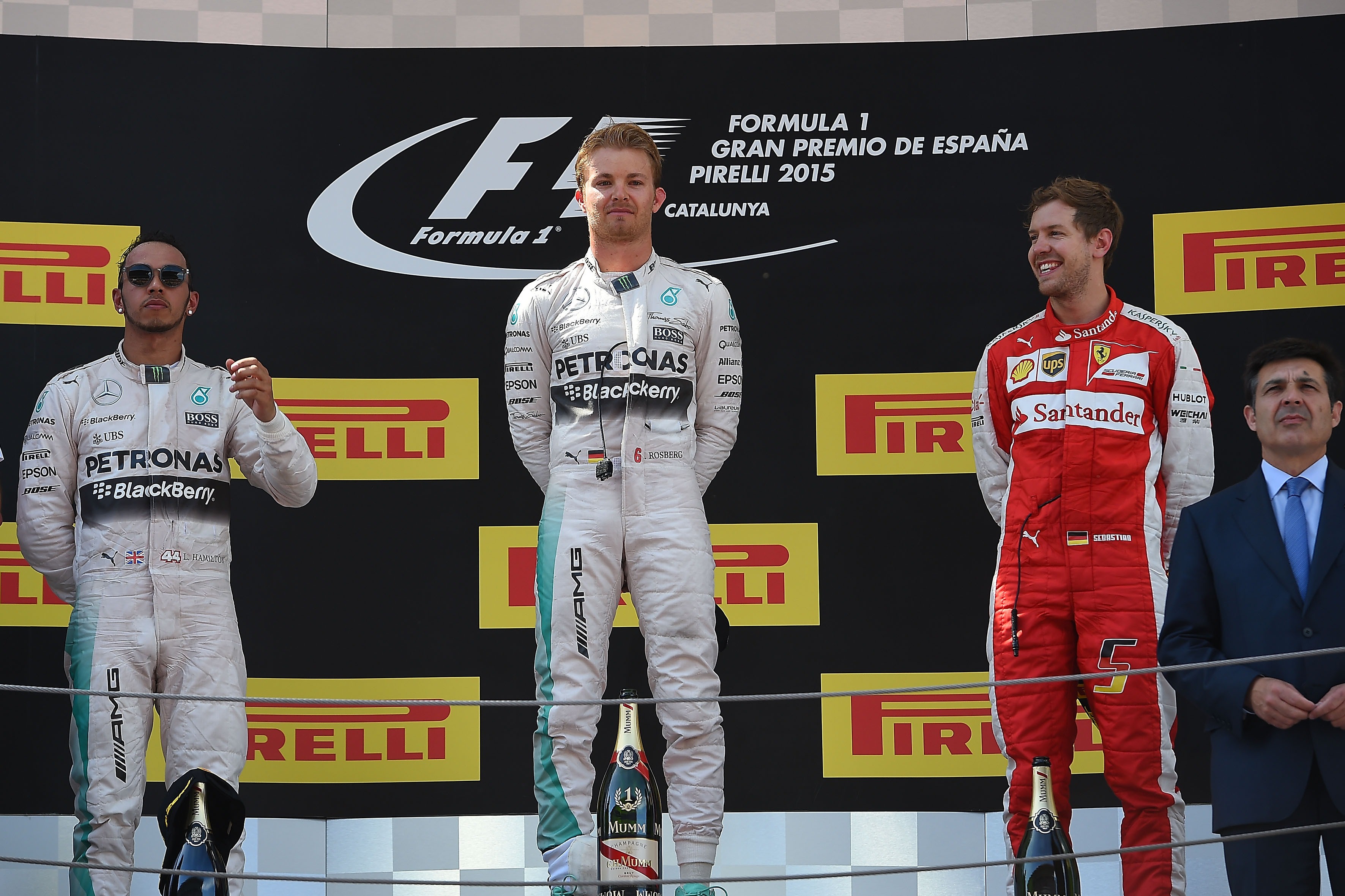 Lewis Hamilton, Nico Rosberg (Mercedes) et Sebastian Vettel (Ferrari) au Grand Prix d'Espagne 2015