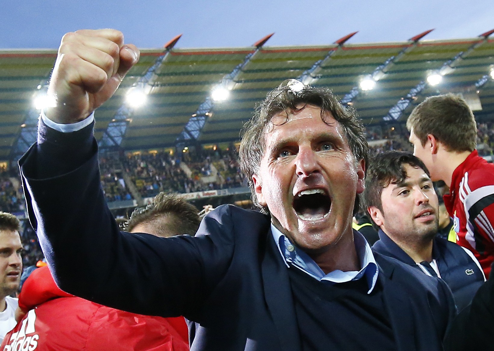 Hamburg SV's coach Bruno Labbadia celebrates after their German Bundesliga second leg relegation playoff soccer match against Karlsruhe SC in Karlsruhe, Germany June 1, 2015