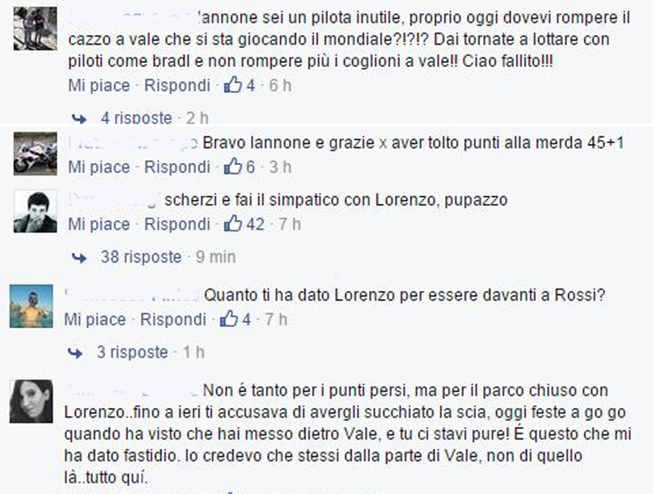 Una rassegna di insulti sulla bacheca di Iannone su Facebook, Eurosport