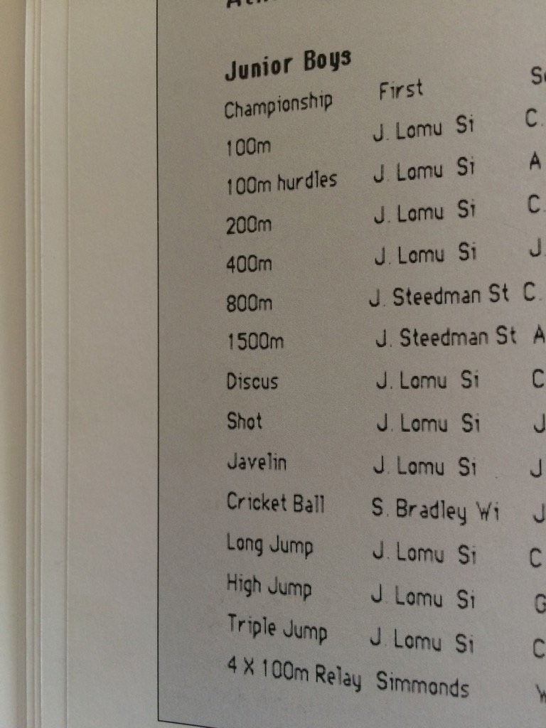 Jonah Lomu's sports days results from Wesley College in 1989 (@tmurphyNZ)