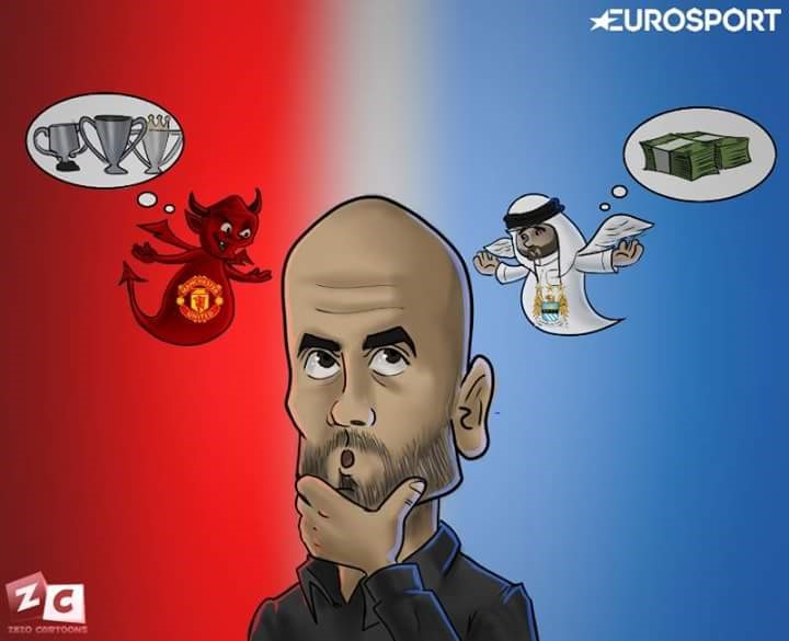 Guardiola tra United e City (by Zezo Cartoons)