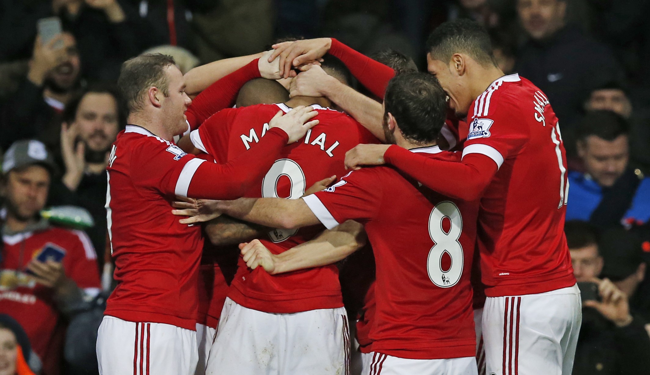 Manchester United celebrate Anthony Martial's opening goal against Swansea