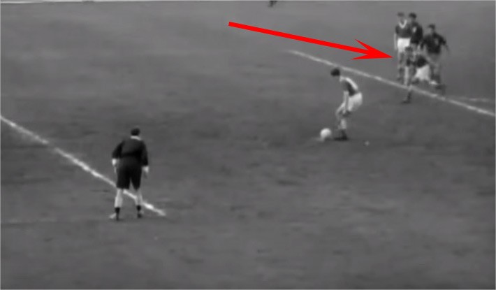 Jimmy McIlroy actually encroached before Danny Blanchflower hit the first ever two-touch penalty