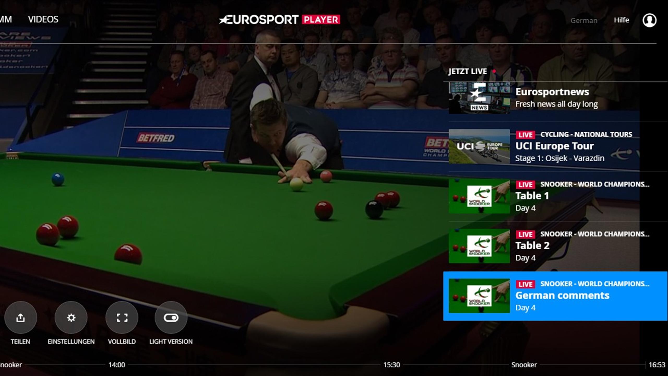 Snooker-WM 2016: 3. Bonuskanal mit deutschem Kommentar im Eurosport Player - Eurosport