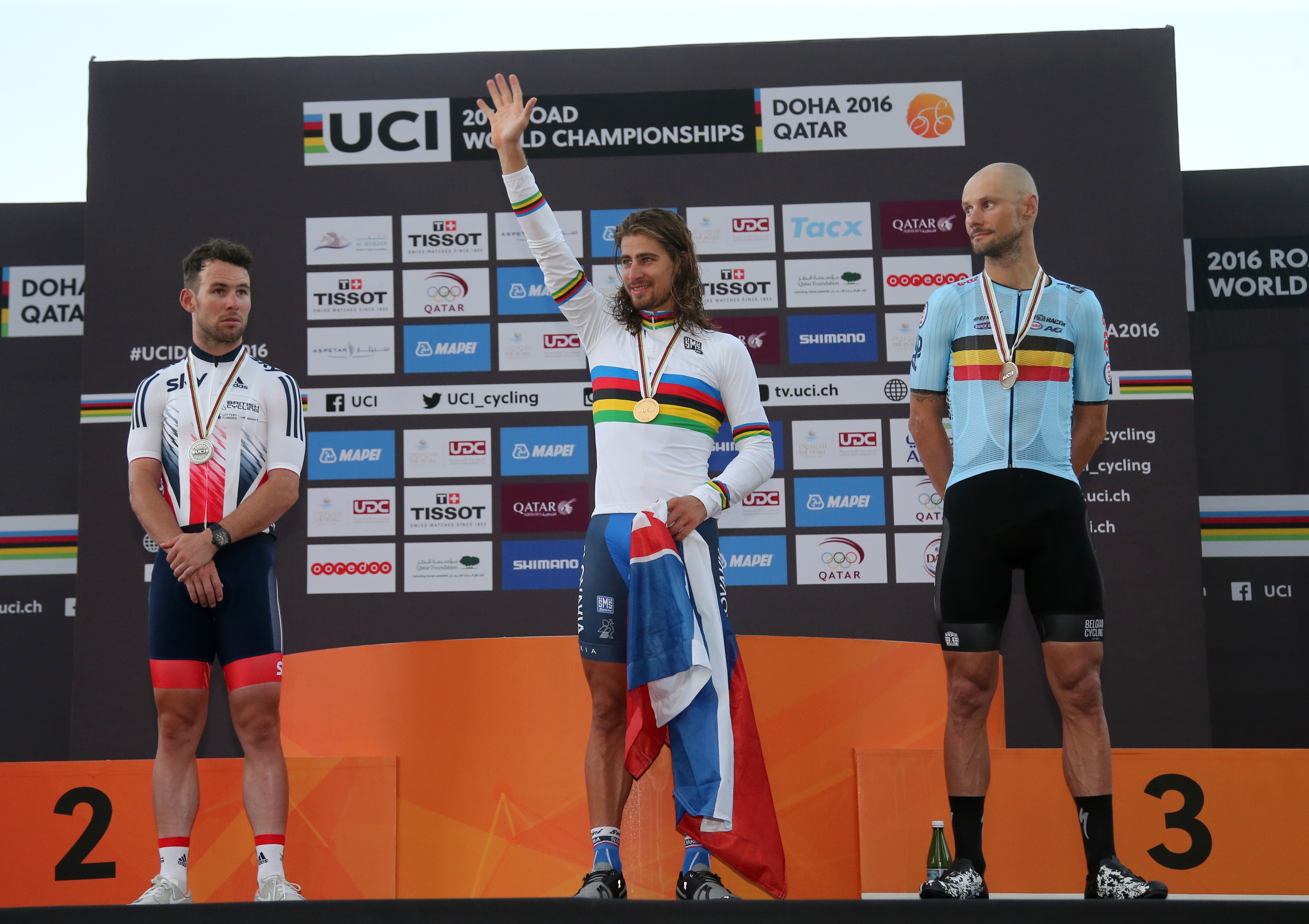 Le podium royal des championnats du monde : Peter Sagan, Mark Cavendish et Tom Boonen (AFP)