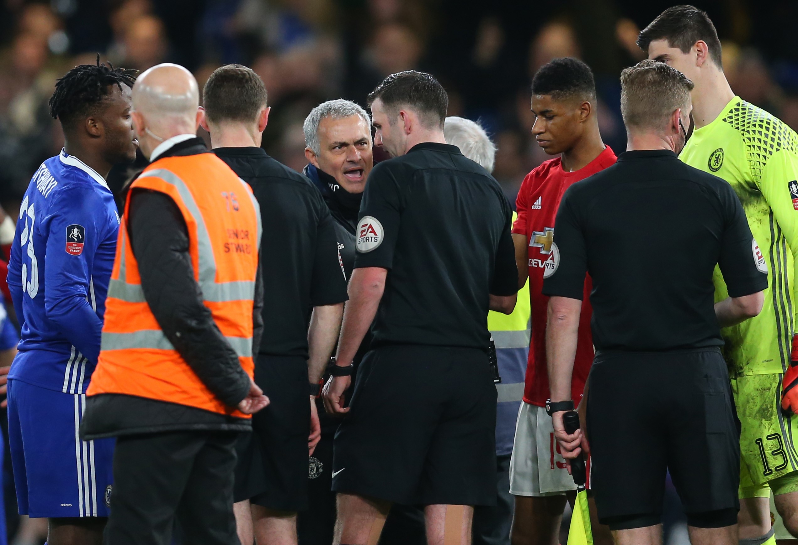 Jose Mourinho Manager of Manchester United speaks with Referee Michael Oliver at the end of The Emirates FA Cup Quarter-Final match between Chelsea and Manchester United at Stamford Bridge on March 13, 2017 in London.