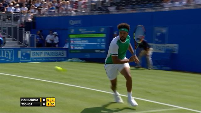 Tsonga hits stunning backhand winner after somehow staying in point Tsonga hits stunning backhand winner after somehow staying in point