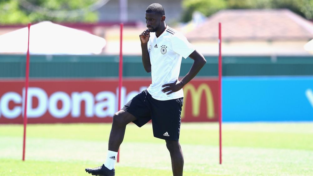 Antonio Ruediger looks on during a team Germany training session at Park Arena training ground on June 17, 2017 in Sochi, Russia.