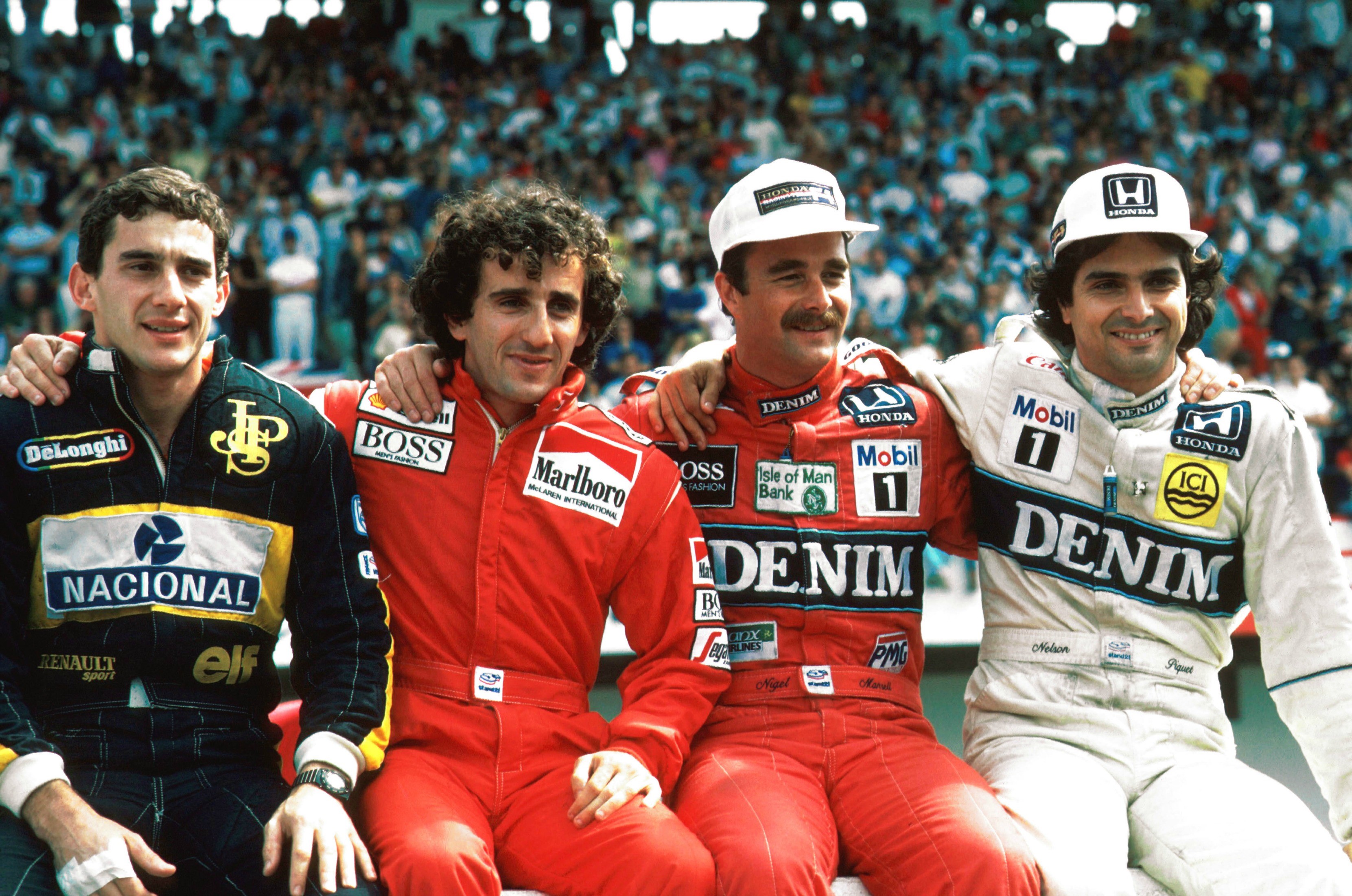 Ayrton Senna (Lotus), Alain Prost (McLaren), Nigel Mansell, Nelson Piquet (Williams) au Grand Prix du Portugal 1986