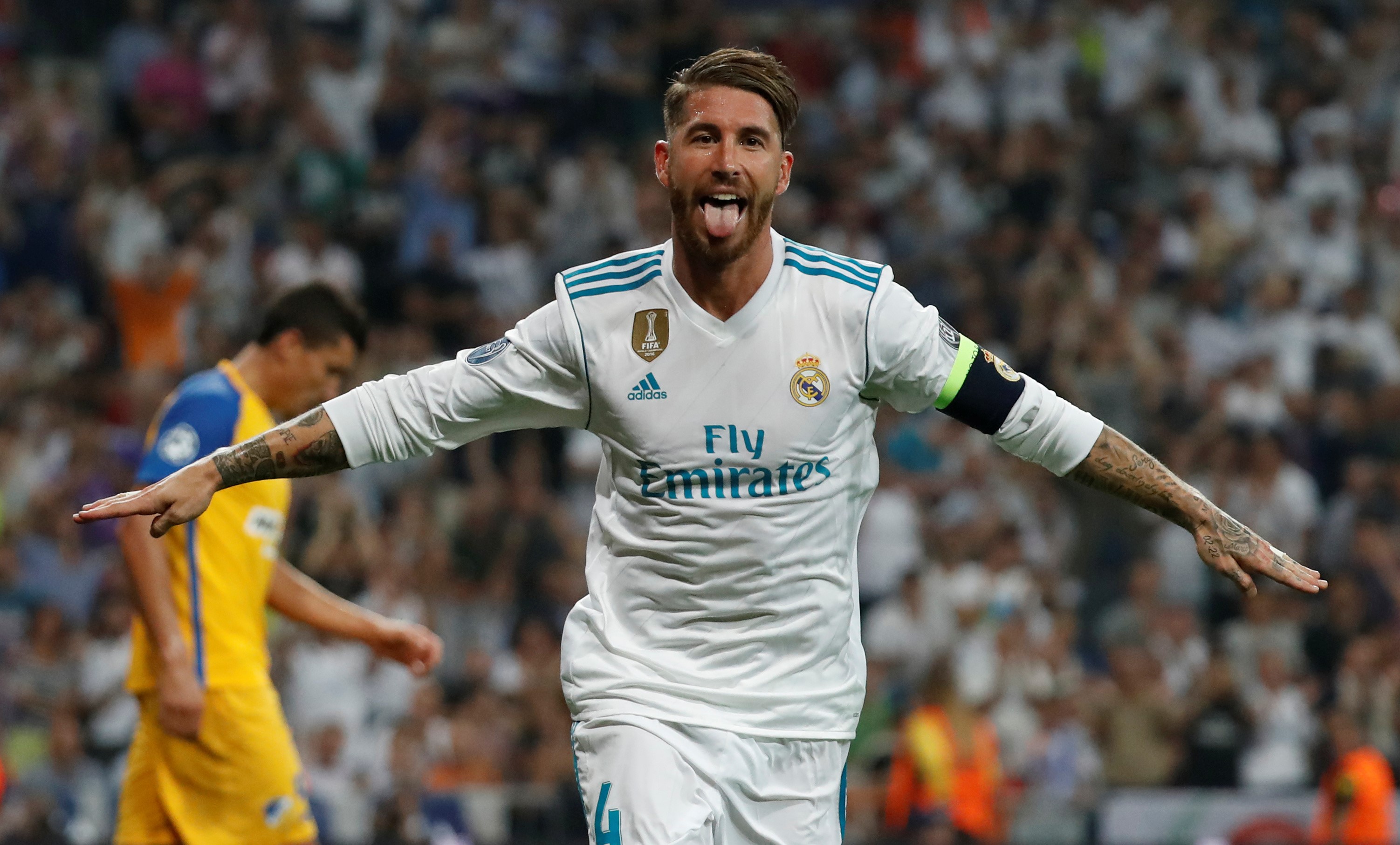 Real Madrid’s Sergio Ramos celebrates scoring their third goal