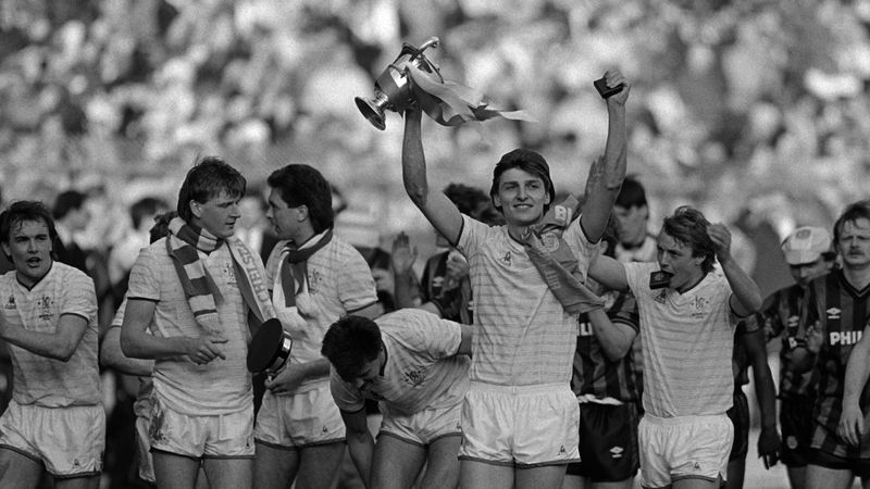 Chelsea captain Colin Pates with the trophy after winning the Full Members Cup Final against Manchester City