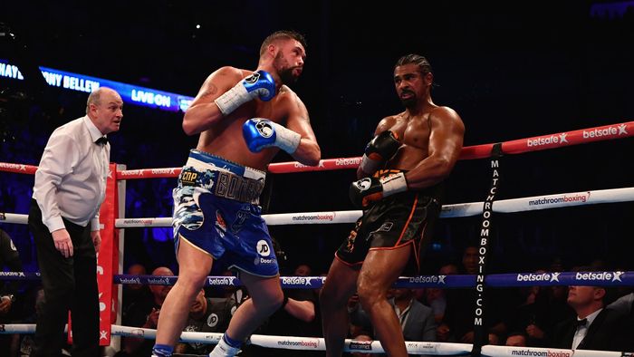 David Haye (black trunks) and Tony Bellew (blue trunks) in action during their Heavyweight contest at The O2 Arena on March 4