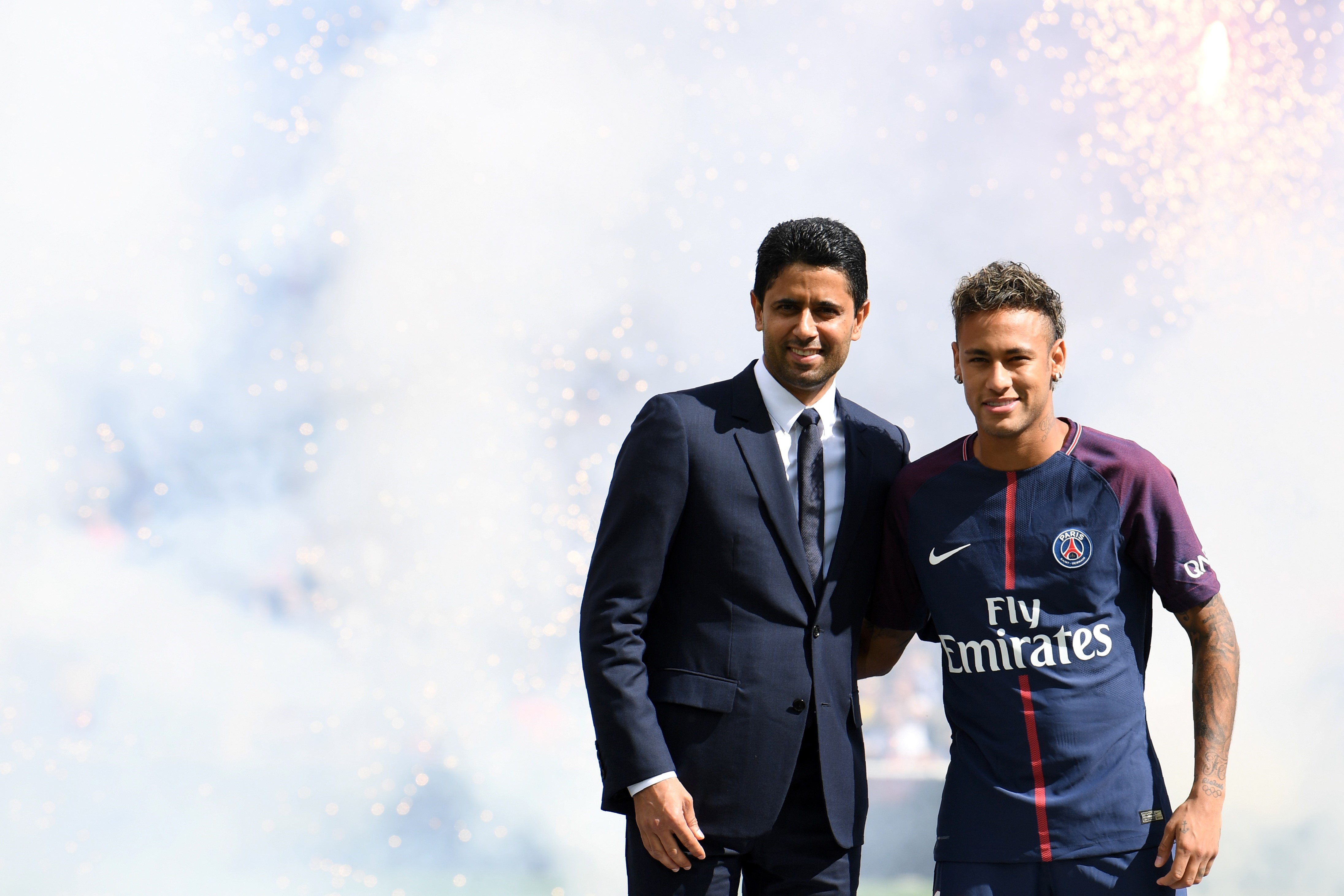 PSG's president Nasser Al-Khelaifi introducing Neymar