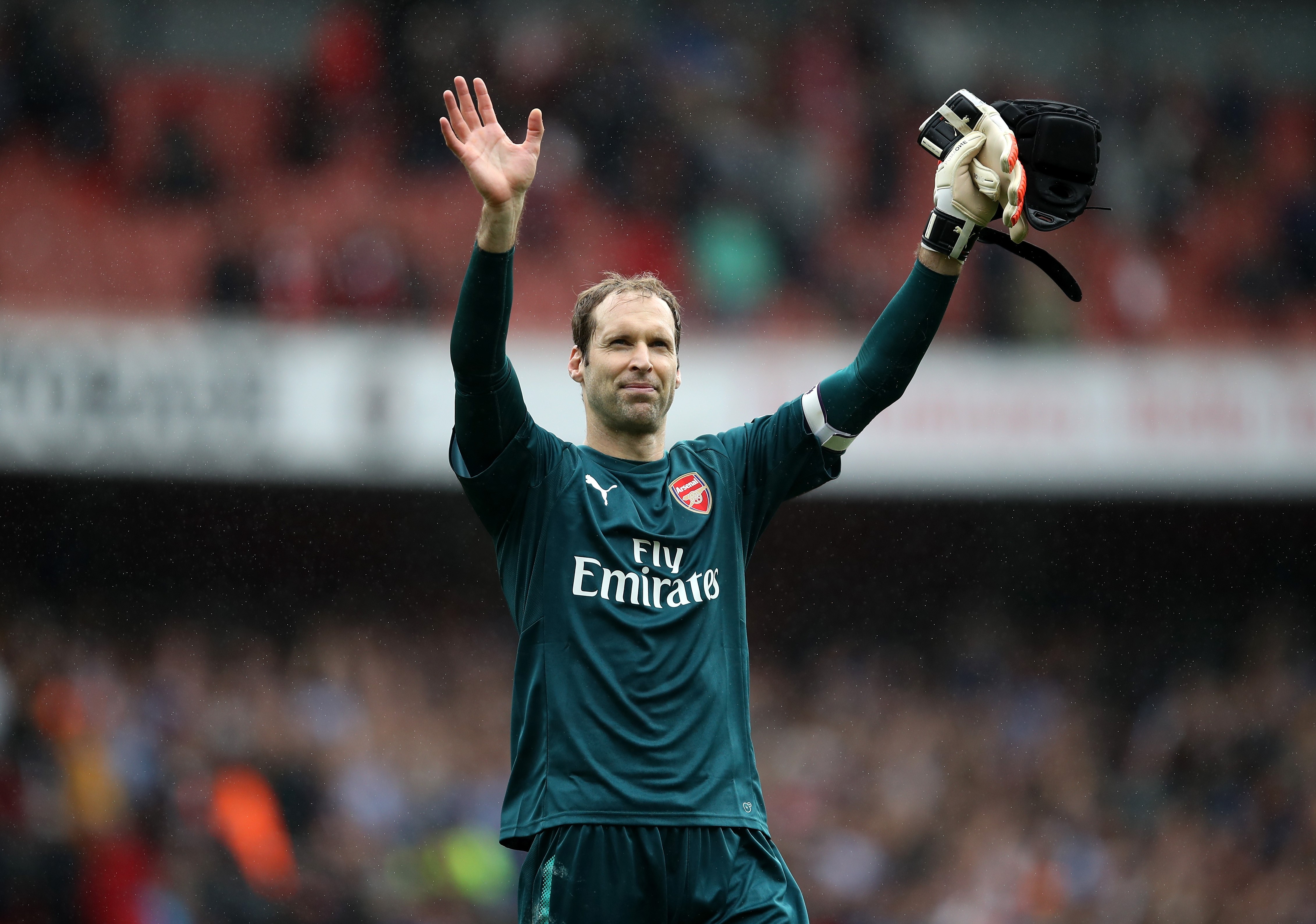 Petr Cech of Arsenal shows appreciation to the fans after the Premier League match between Arsenal and Brighton and Hove Albion at Emirates Stadium on October 1, 2017 in London, England.