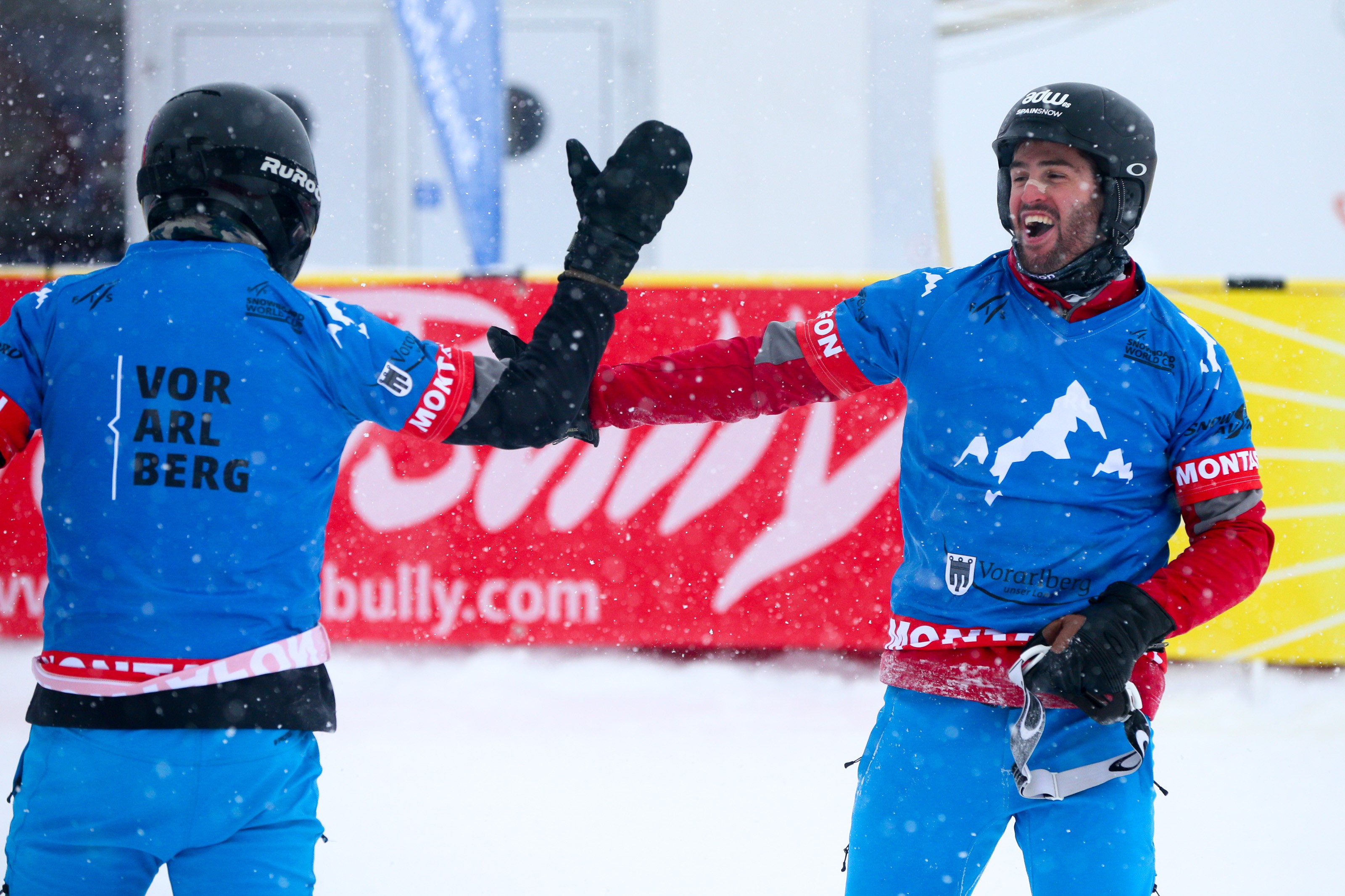 Lucas Eguibar and Regino Hernandez of Spain take 1st place during the FIS Freestyle Ski World Cup, Men's and Women's Ski Snowboardcross on December 17, 2017 in Montafon, Austria