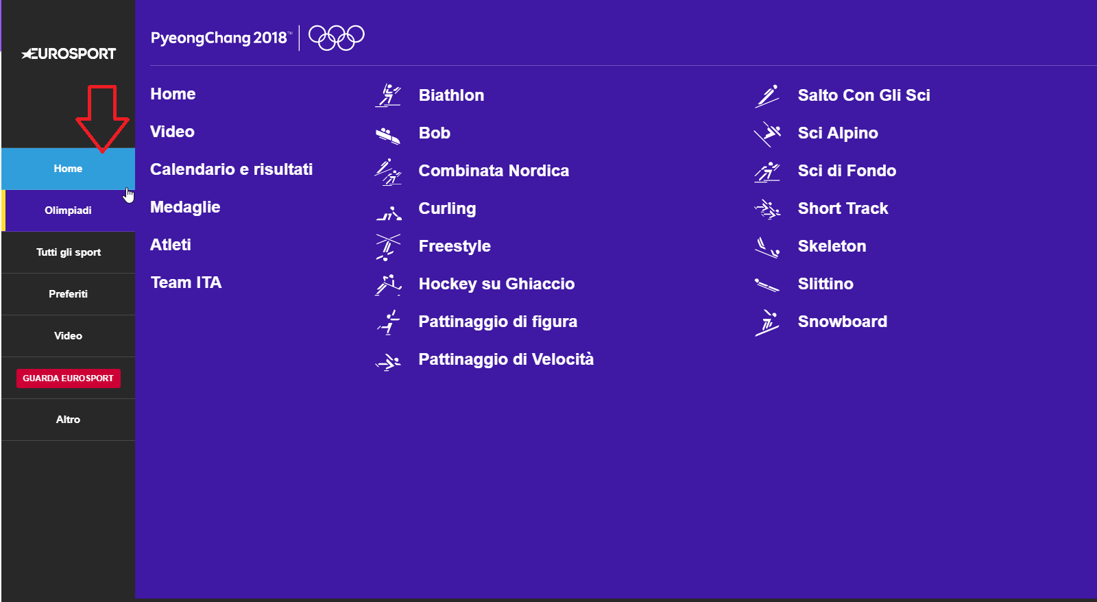 Clicca su 'home' per tornare al menu con tutti gli sport