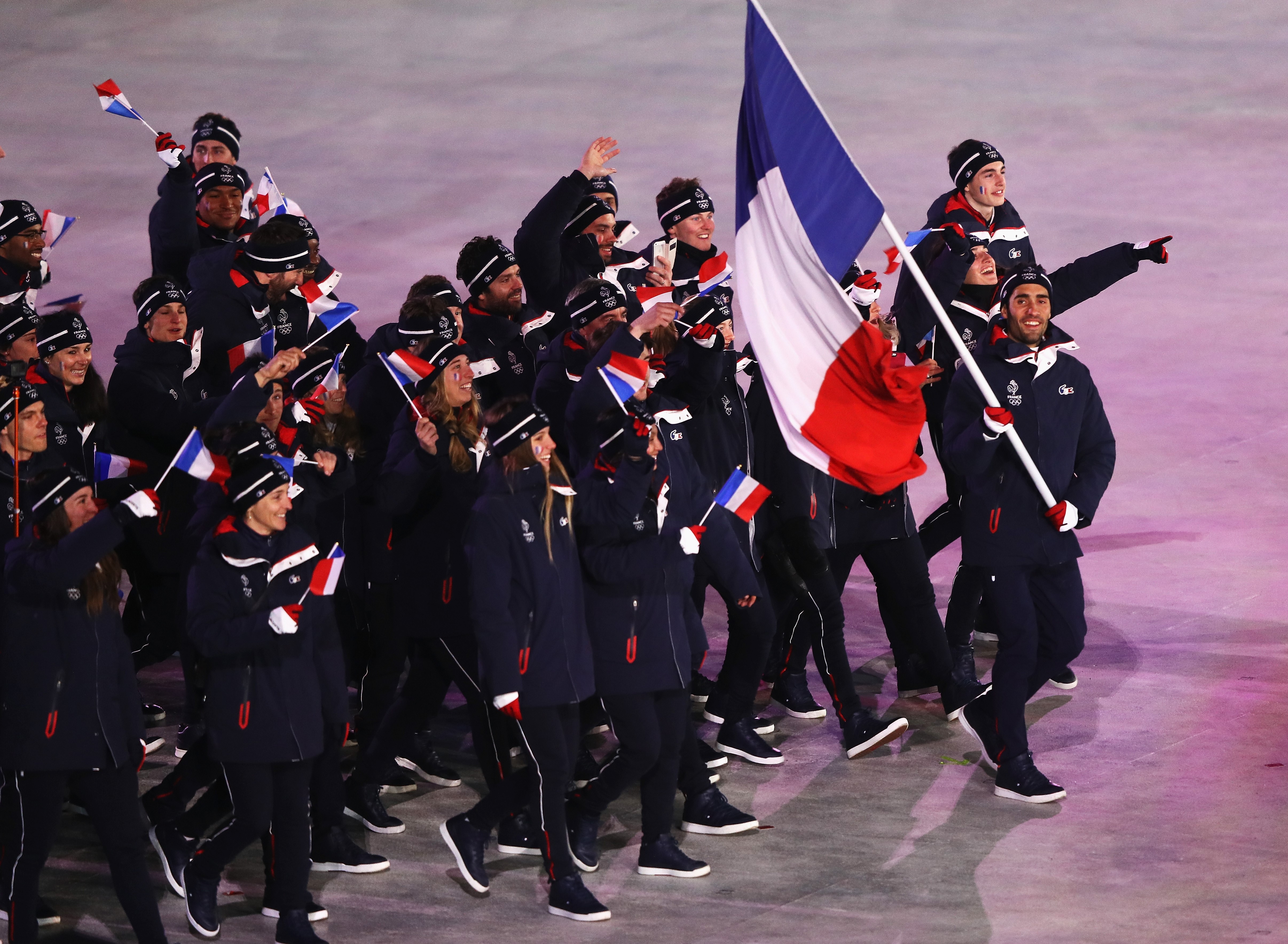 Martin Fourcade et la délégation française lors des JO de Pyeongchang