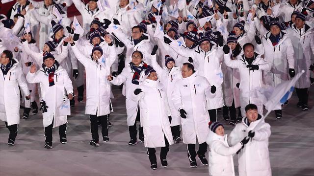Флаг объединенной команды из Кореи несли два человека. Выглядит странненько