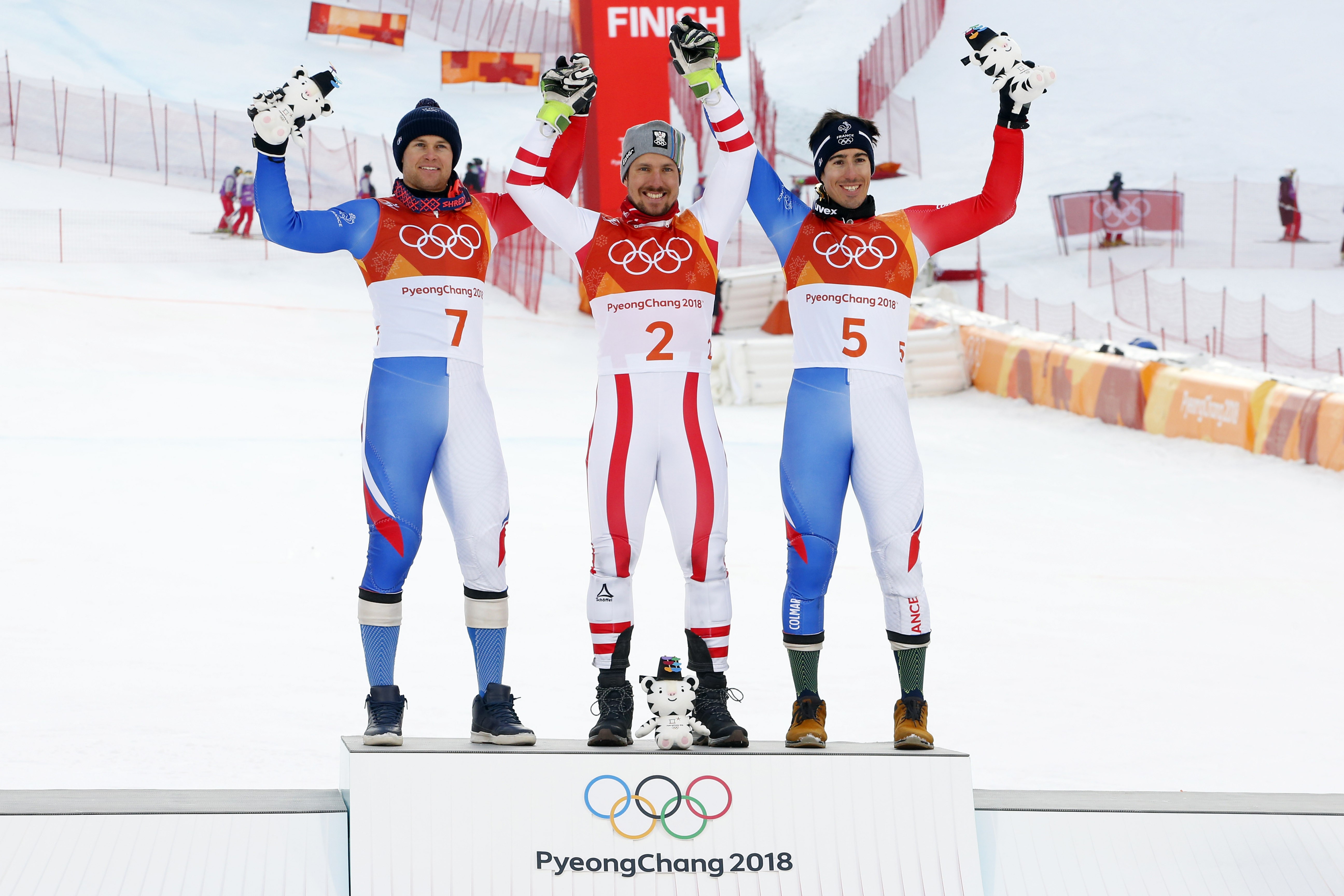 Alexis Pinturault, Marcel Hirscher et Victor Muffat-Jeandet lors des JO de Pyeongchang